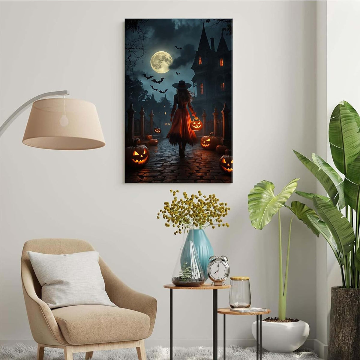 Halloween theme poster moonlit autumn night witch vintage poster art print dark college style gothic painting canvas wall decoration bedroom living room ideal gift20x30in Wood Framed