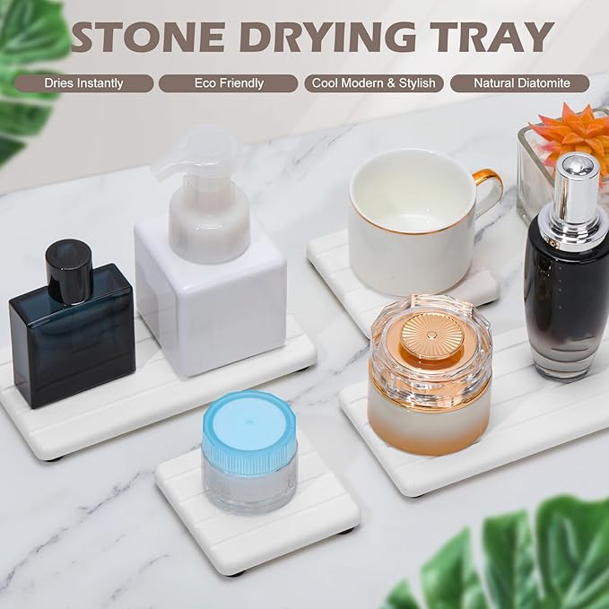 4PCS Stone Drying Tray for Bathroom Sink and Kitchen Counter, Fast Drying Diatomite Stones Soap Trays, Diatomaceous Coaster, Vanity Trays, Water Absorbing Stone Tray for Sink