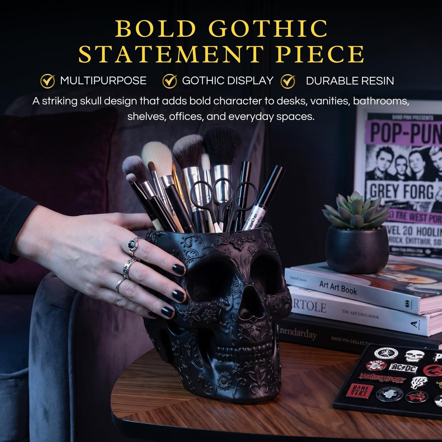 Skull Makeup Brush Holder, Pen Holder, Vanity, Desk, Office Organizer, Stationary, Decor Planter , Candy Bowl , Goth Decorations , Extra Large, Skulls Gothic Skull & Bones Organizer Bathroom (Black)