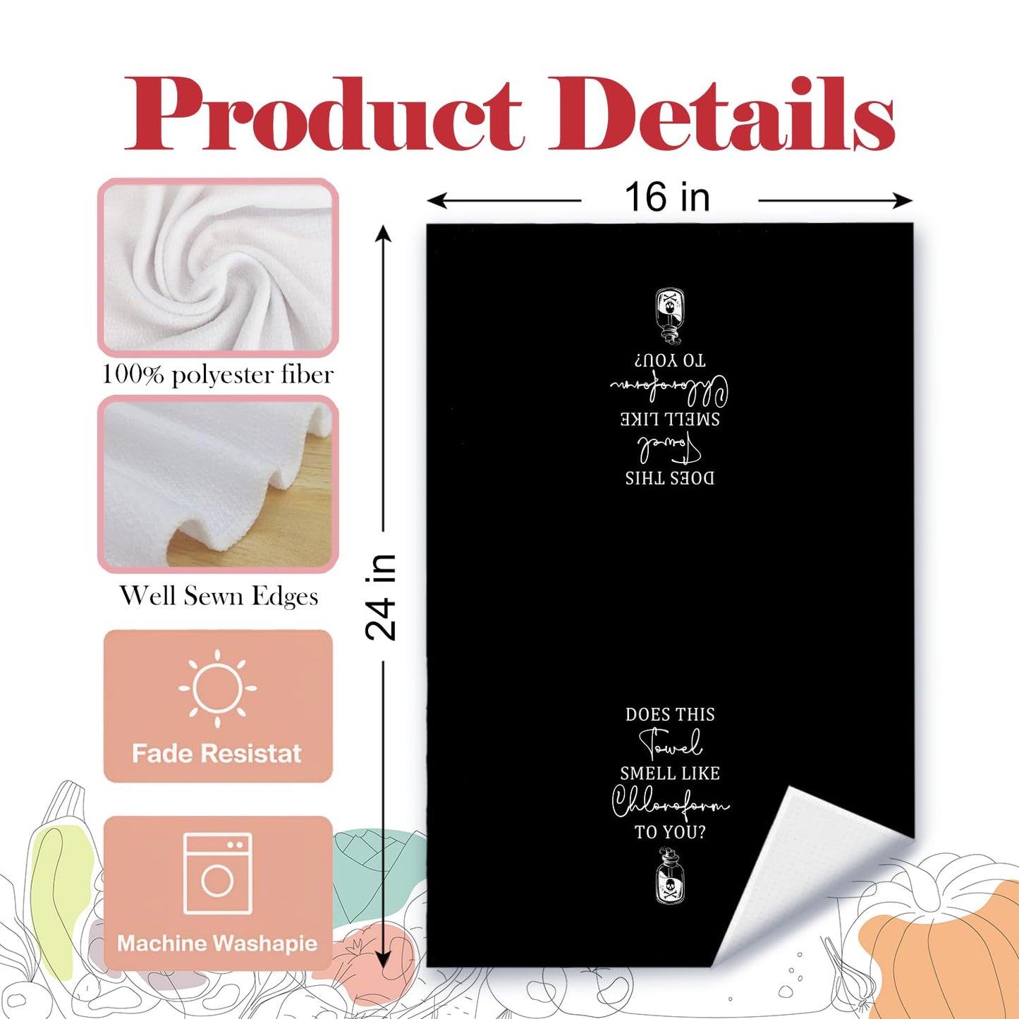 YRDBGHZDF Black Funny Gothic Skull Kitchen Dish Towels, Dark Humor Sarcastic Does This Towel Smell Like Chloroform to You Decorative Hand Tea Towels for Kitchen, 16x24 Inch