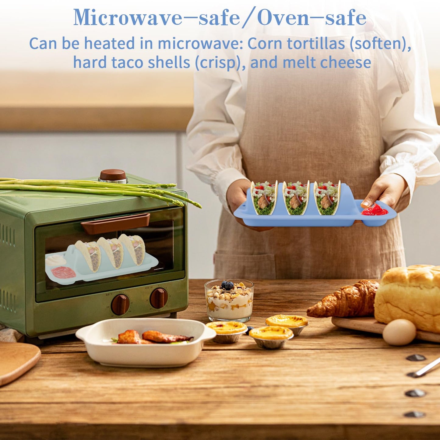 Klyrnd Silicone Taco Holder Set of 2, Reusable Taco Plate with Dividers for Hard & Soft Shells - Microwave & Dishwasher Safe Serving Stand (Blue Green)