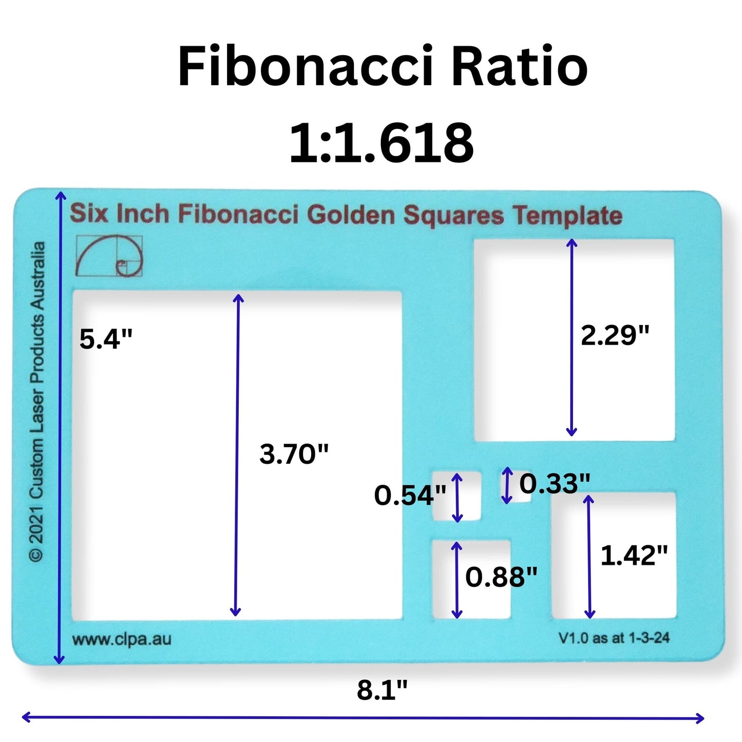 CLPA 6" Square Stencil Template — Golden Ratio Tool for Drawing | Fibonacci Template | Geometric Stencil for Art, Drafting and Quilting | Clear PETG | Made in Australia