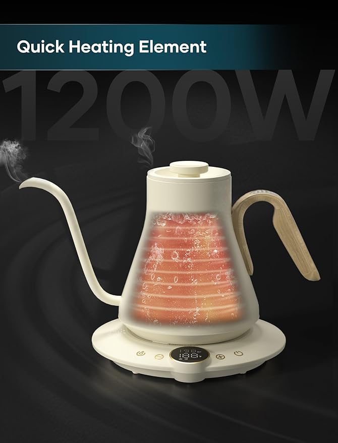 Electric Kettles, INTASTING Gooseneck Electric Kettle, ±1℉ Temperature Control, Stainless Steel Inner, Quick Heating, for Pour Over Coffee, Brew Tea, Boil Hot Water, 0.9L (Morandi White)
