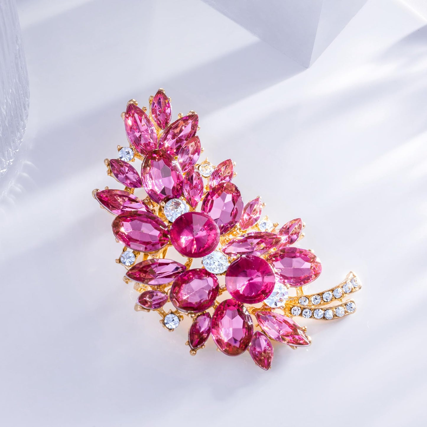 LAXPICOL Vintage Pink Austrian Crystal Flower Leaf Bouquet Clusters Large Big Brooch Pin For Women Jewelry