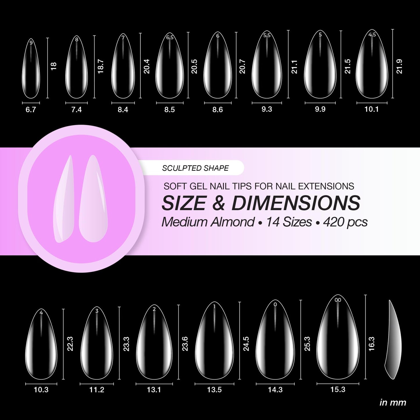Curacoro Sculpted Medium Almond Gel Nail Tips 420Pcs, Clear Full Cover Soft Acrylic Tips 14 Sizes, Easy to Use, Long-Lasting, Glossy Finish