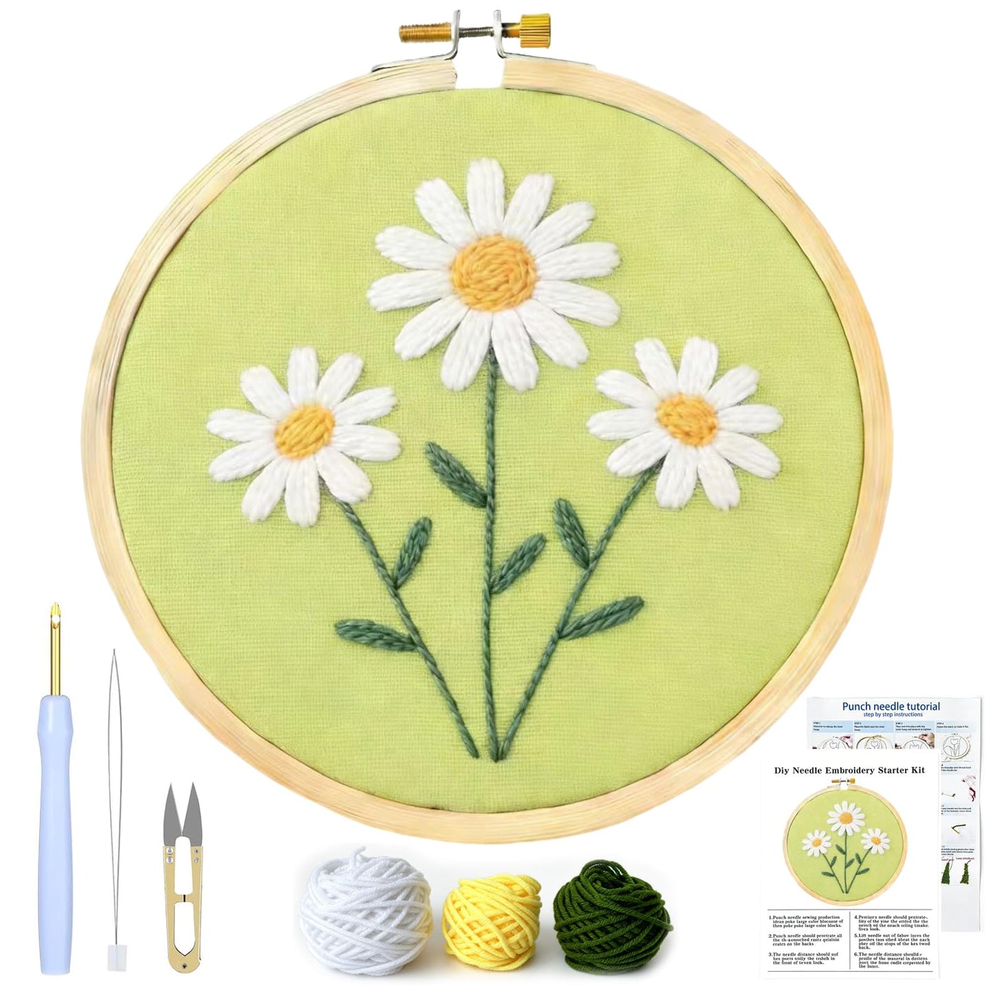 Punch Needle Kits For Adults Beginner,Punch Needle Starter Kit Easy,Embroidery Punch Needling Kits,DIY Punchneedle Kit All Supplies With Wooden Hoop/Patterns/Yarns/Instruction (08-White Daisy)