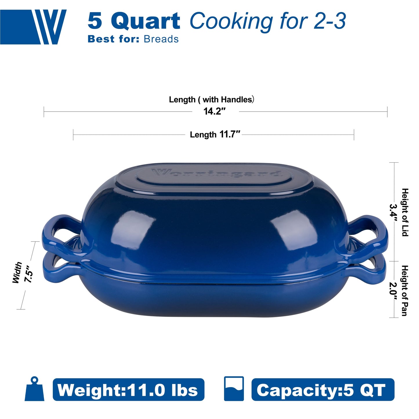 VORRINGARD Enameled Cast Iron Sourdough Bread Oven, Dutch Oven, Loaf Cast Iron Bread Pan for Homemade Bread Baking, Meatloaf Pan with Lid, 5QT, Blue