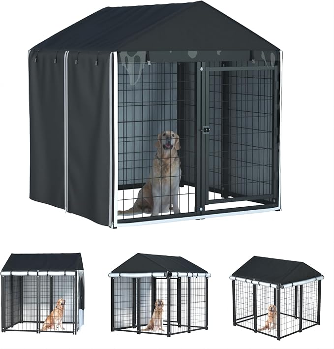 Outdoor Dog Kennel Cover, 8.1'Dx4.1'Wx6H, Full Coverage Black