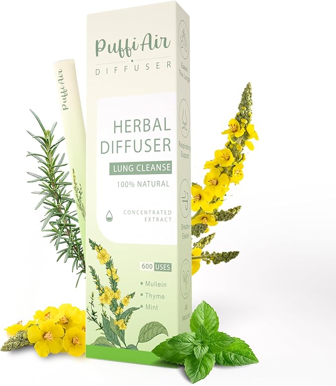 Mullein Herbal Diffuser Upgraded with Extracts of Mullein, Thyme and Mint for Cleansing Lungs, Improving Breathing and Oral Air Freshening - 600 Uses 1 Stick, 1 Pack