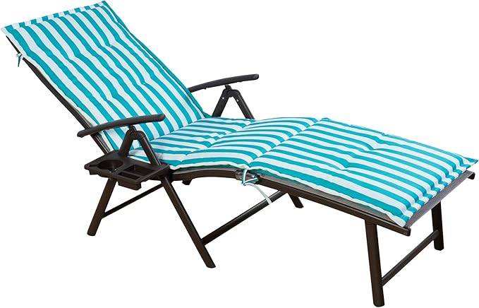 Kozyard Cozy Aluminum Reclining Lounge Chair for Beach, Yard, Pool, Deck, Patio - Outdoor Chaise Lounge with Drink Holder Weather Free Adjustable Assemble-Free Blue Strip Cushion