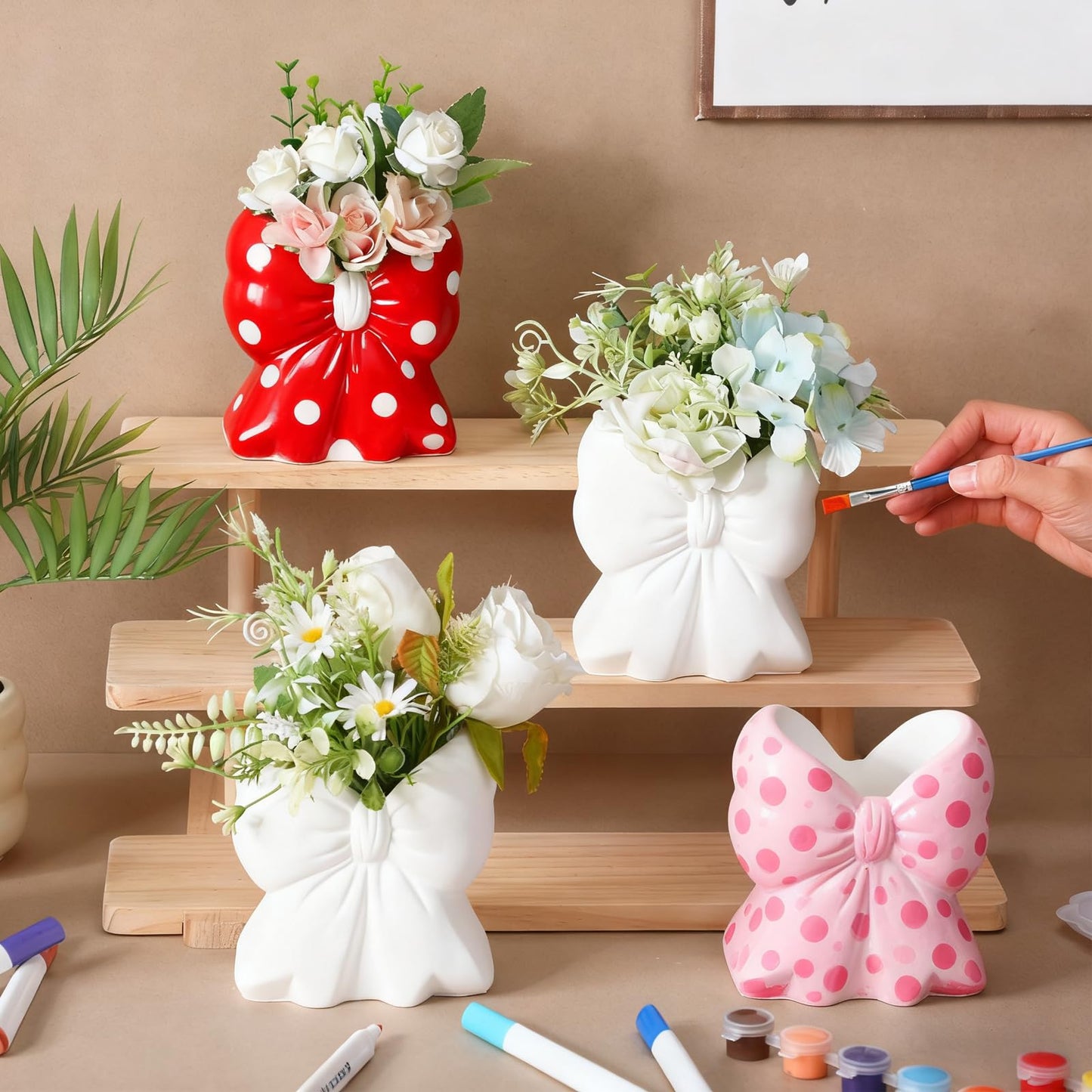 AceOrbit 6 Sets Paint Your Own Coquette Bow Succulent Planter Vase Ceramic Blank Unpainted Flower Pots DIY Paintable Porcelain Vase Kit for Adults Classroom Craft Project Activity Supplies
