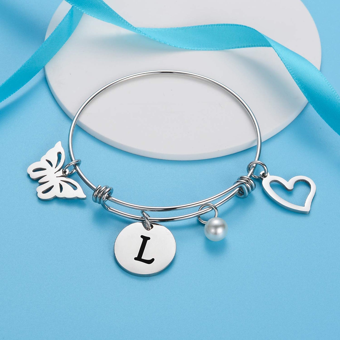 malyunin Initial Bracelet Charm Bracelets Heart Butterfly 26 Letters Alphabet Bracelet for Women Letter Bracelet Personalized Jewelry (L)