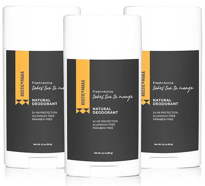 Rustic MAKA Natural Deodorant, Takes Two To Mango (Mango + Lime), Free of Aluminum, Baking Soda & Parabens, Activated Charcoal + Magnesium, Continuous Odor Control, 3-Pack