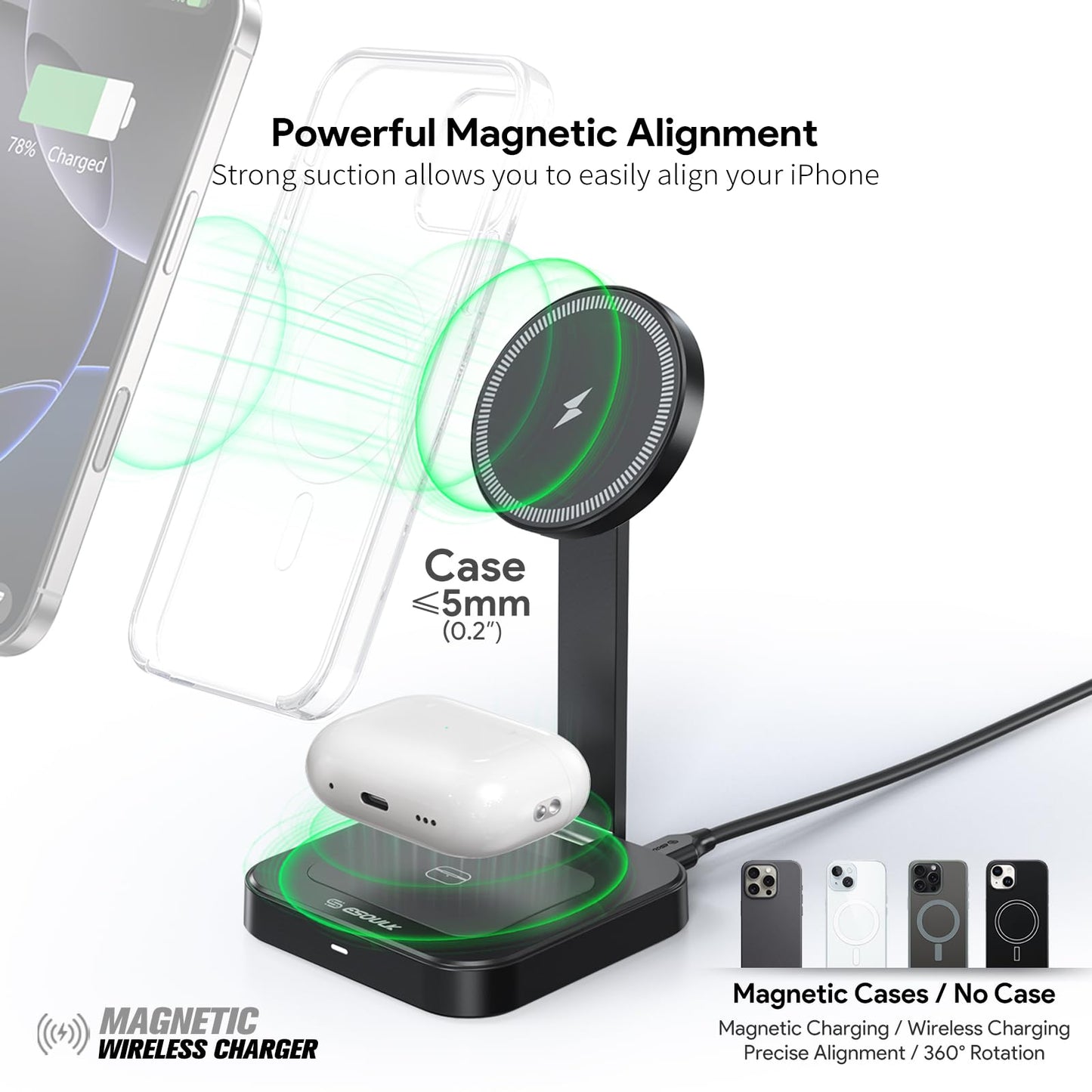 Esoulk 2 in 1 Magnetic Wireless Charging Station, Foldable Charger Stand for iPhone 17/16/15/14, AirPods Charging Pad, Travel Compact 15W Fast Wireless Charger