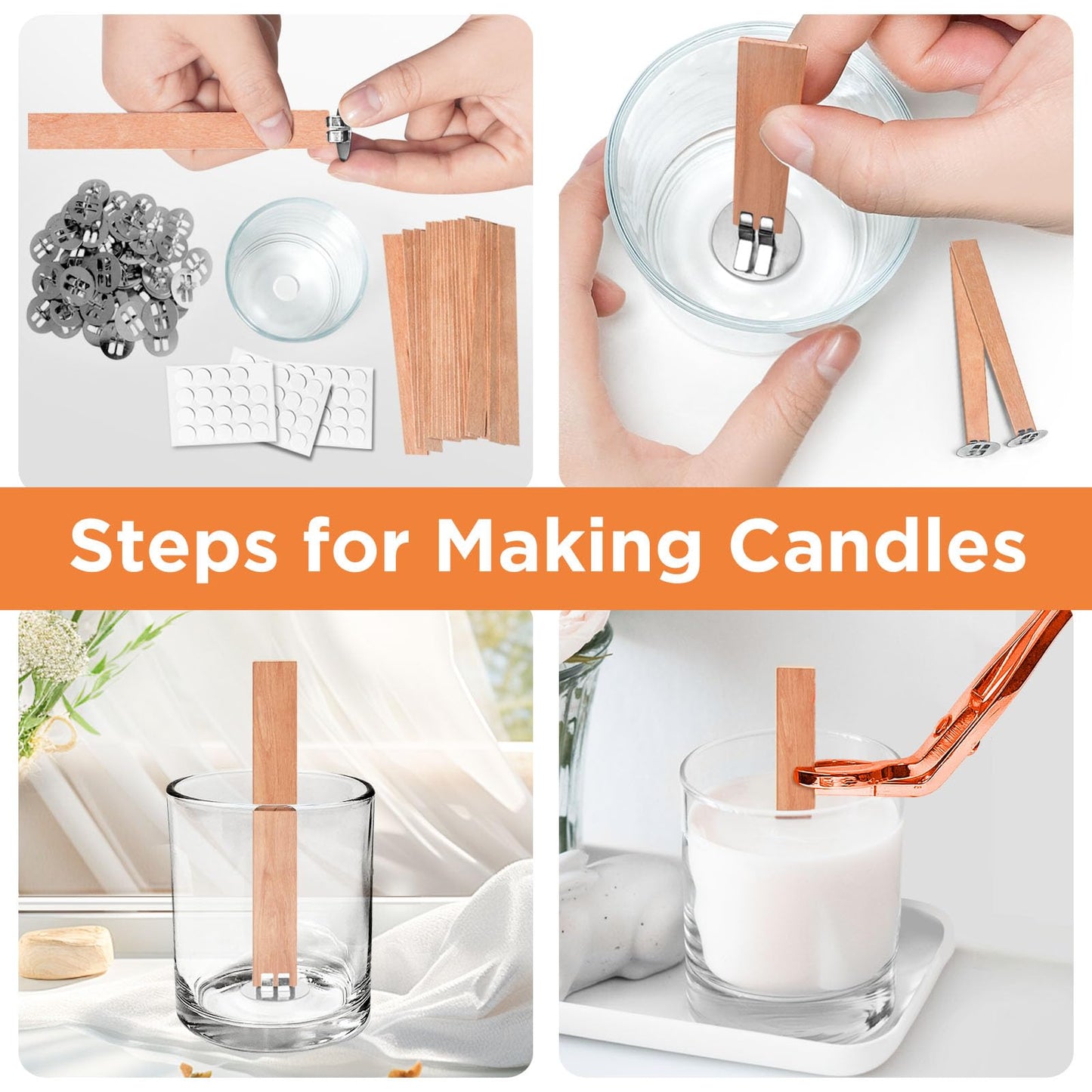 CollectHall 100 Pcs Thickened Wood Wicks, Wood Wicks for Candles Making with Wick Trimmer, Candle Wicks 5.1×0.5×0.04 Inches for DIY Candle-Making, Long Lasting Flame, Easy to Burn (50 Sets)