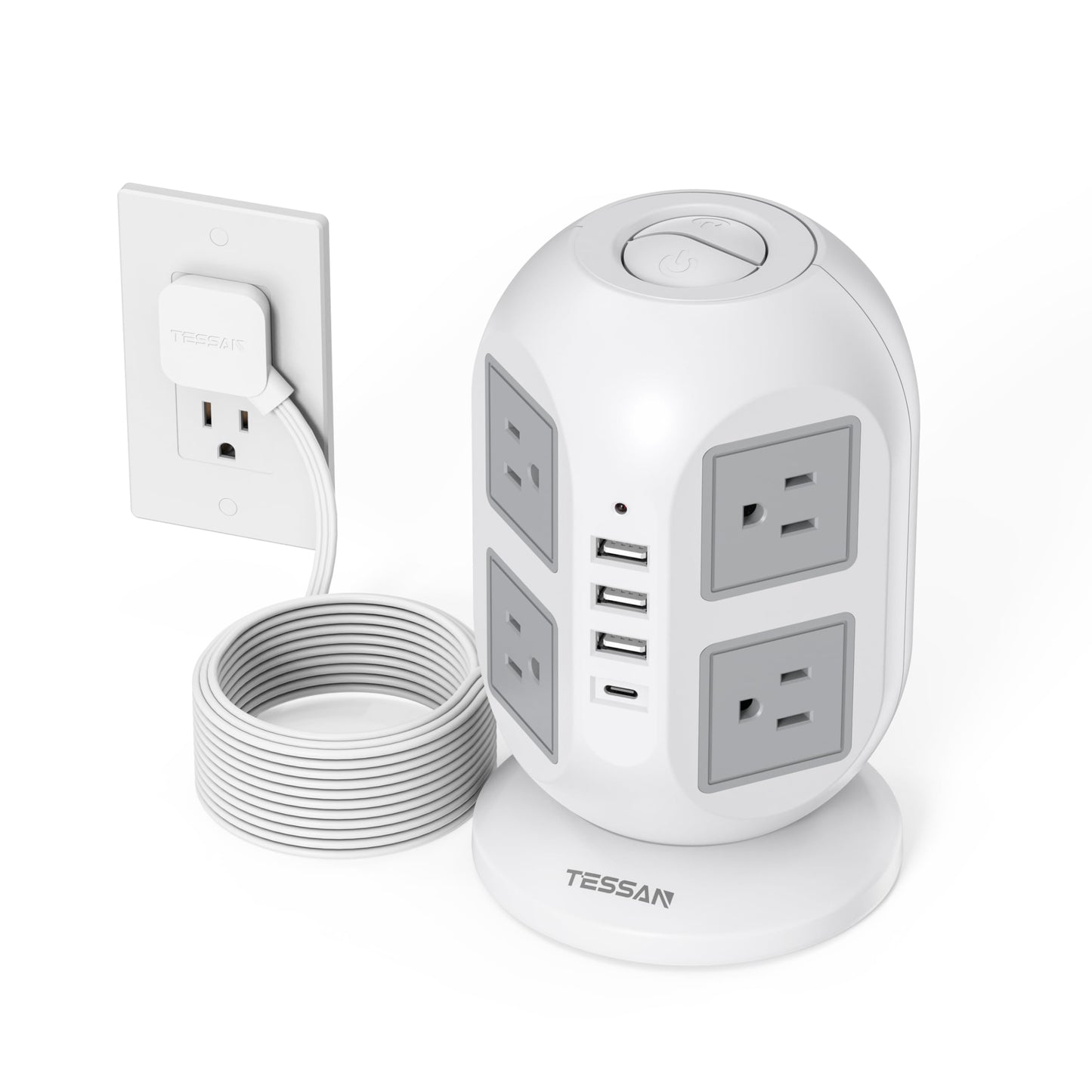 TESSAN 10FT Tower Power Strip with 5FT Ultra Thin Extension Cord Power Strip Bundle, Multiple AC Outlets and USB Ports with Surge Protection, Home Office Dorm Essentials