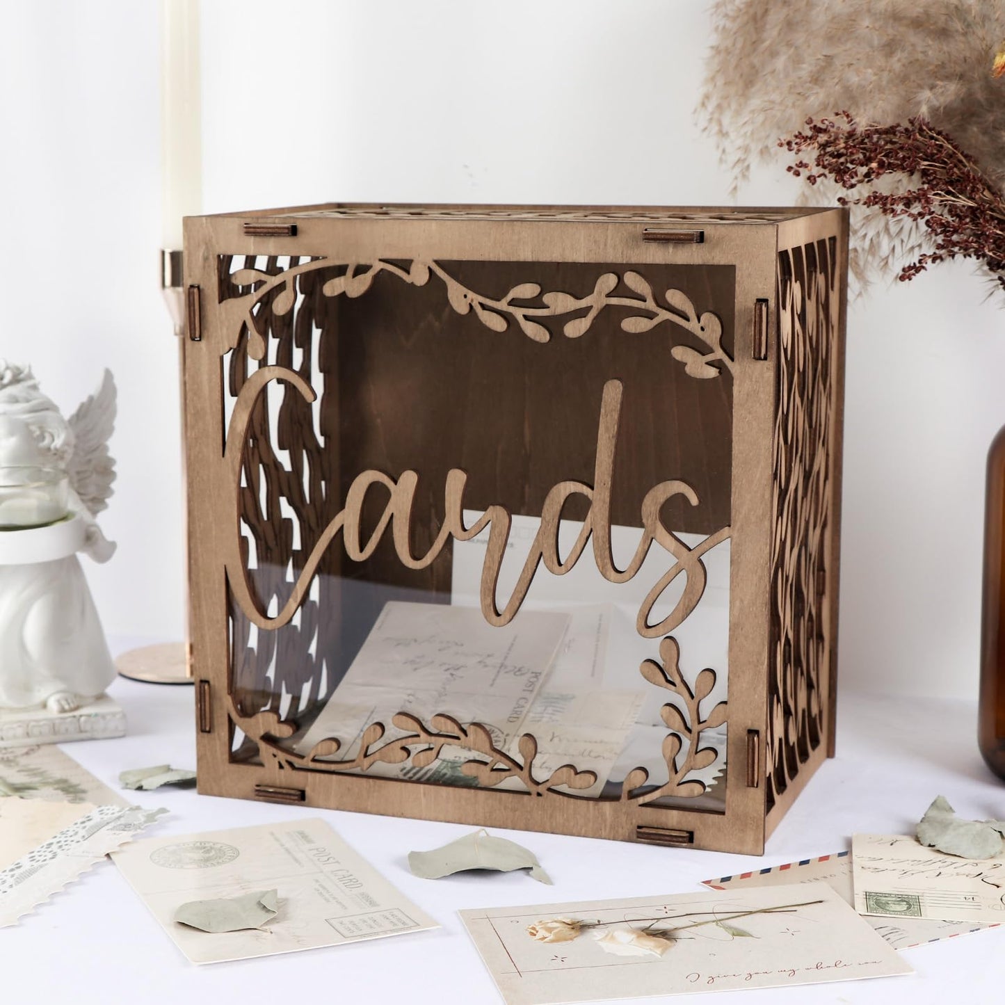 OurWarm Wedding Card Box with Window, Brown Wooden Box Wedding Decorations for Reception, Money Index Card Box for Weddings Bridal Shower Rustic Weddings Decor Party Decorations