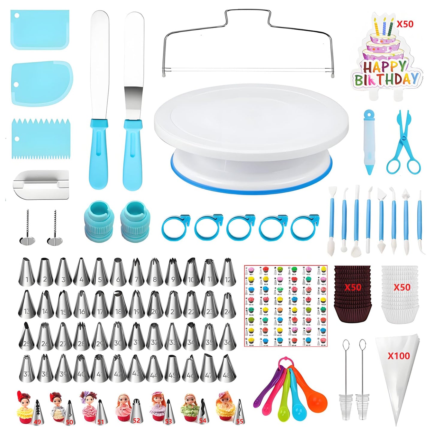 ANSLYQA Cake Decorating Kit, 340 Pcs with Cake Turntable, Leveler, 55 Numbered Icing+Skirt Tips, 2 Spatulas, 3 Scrapers, 2 Couplers, 100 Pastry Bags, 100 Cupcake Liners & More Baking Tools, (Blue)