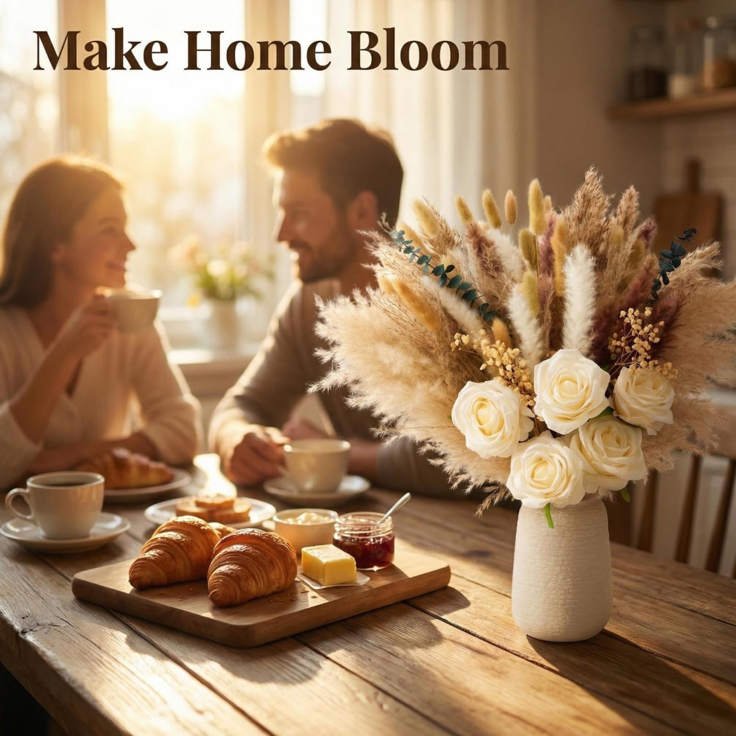 100pcs Dried Pampas Grass with Vase, Includes Artificial Silk Roses, Boho Natural Dried Flowers for Coffee Table Dining Room Home Decor Centerpiece, Farmhouse Rustic Floral Decoration for Living Room
