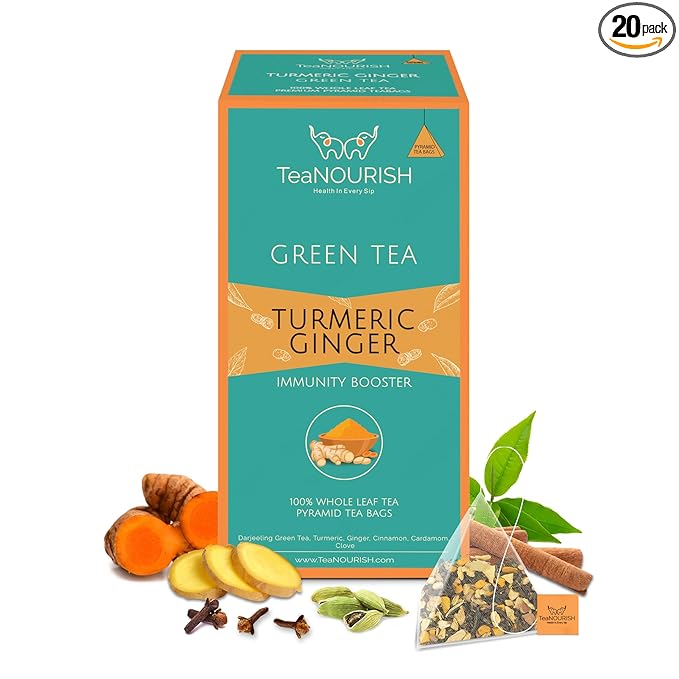 TeaNOURISH Turmeric Ginger Green Tea | 20 Count Pyramid Tea Bags | Darjeeling Whole Leaf Tea | Blended with Indian Turmeric, Ginger & Cinnamon | 100% NATURAL INGREDIENTS