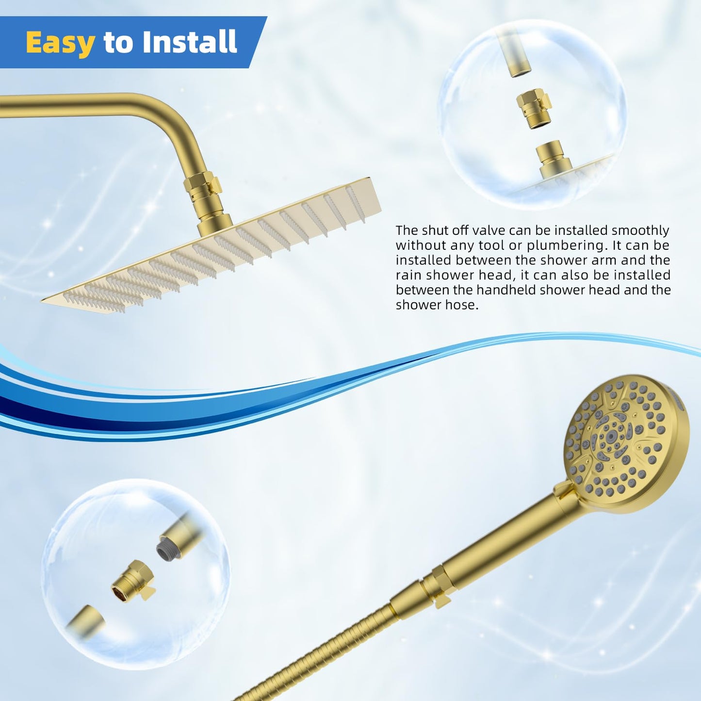 Hibbent All Metal 1 Pack Shower Head Flow Control Valve, G1/2 Brass Shut-off Valve with Metal Handle Lever, Shut OFF Water Flow Control Regulator for Handheld Shower, or Bidet Sprayer, Brushed Gold