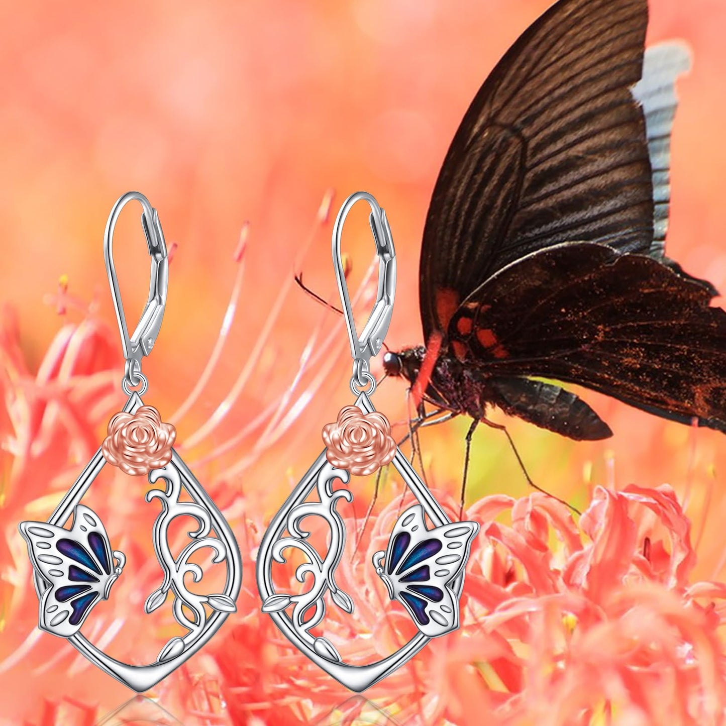 SHAOAN Butterfly Rose Dangle Drop Earrings 925 Sterling Silver Leverback Earring Jewelry Gifts for Women
