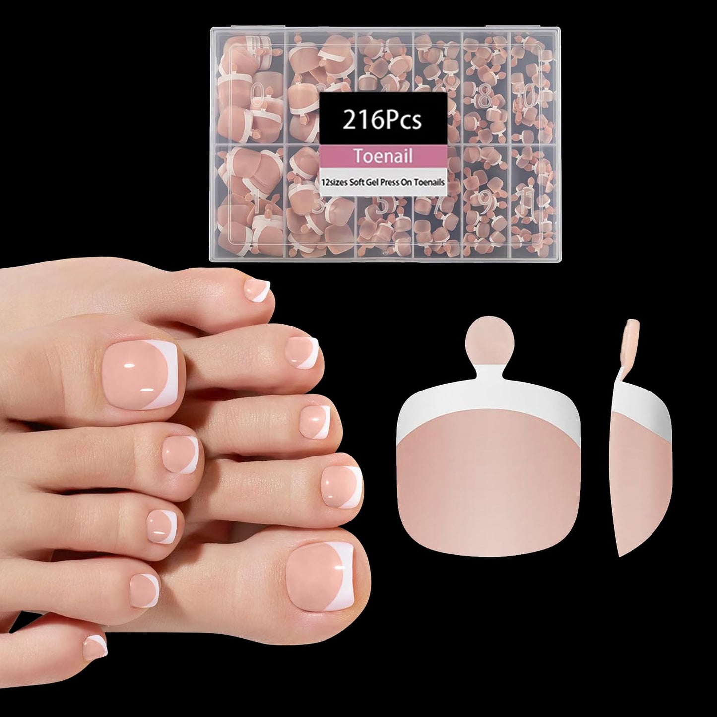 216pcs French Tip Press on Toenails Short Square，OPkssnails Skin Toe Nail Press On, Pre-Designed Soft Gel Toe Nail Tips, Soak off Acrylic Fake Toe Nail Extensions 12 Sizes
