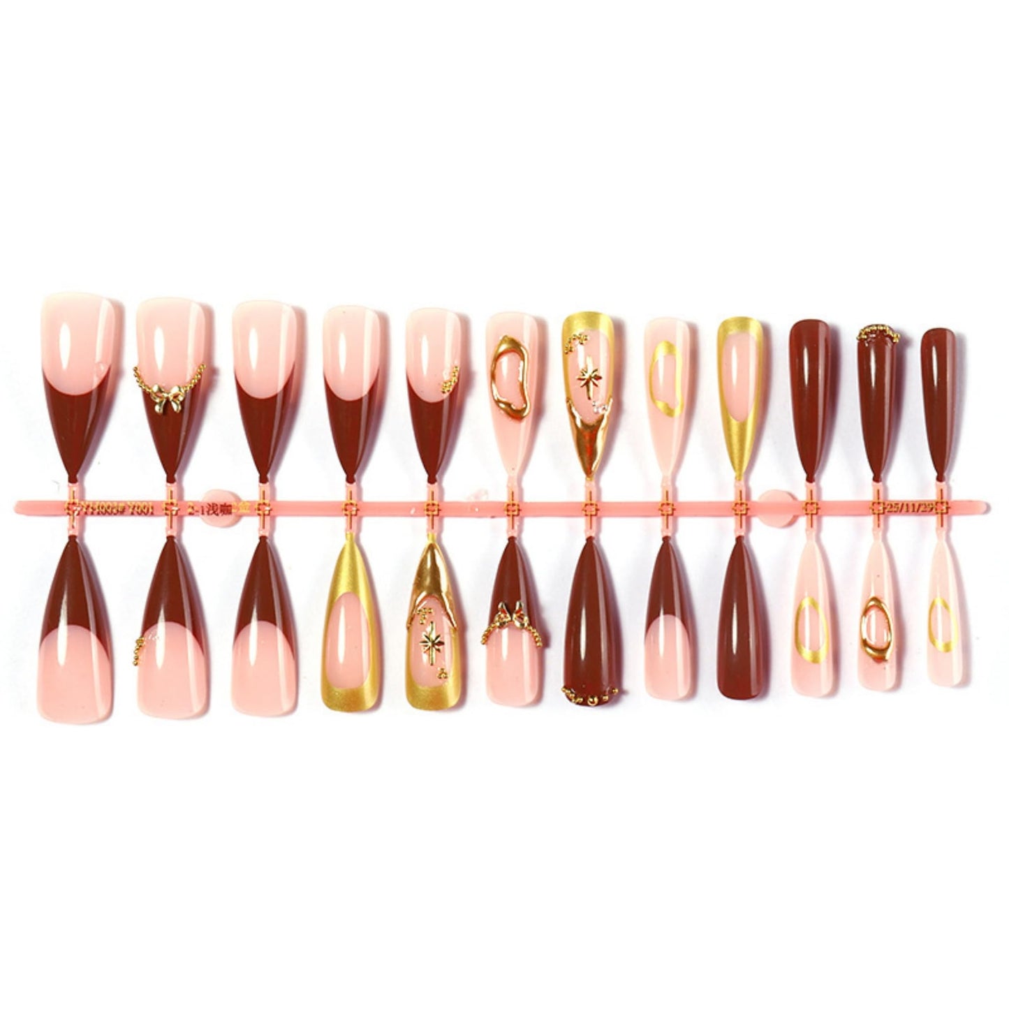 Long Press on Nails Almond Fake Nails Brown Acrylic Nail Press ons SEENEEY Long Stiletto Gold Charm Stick on Nail for Women 24pcs