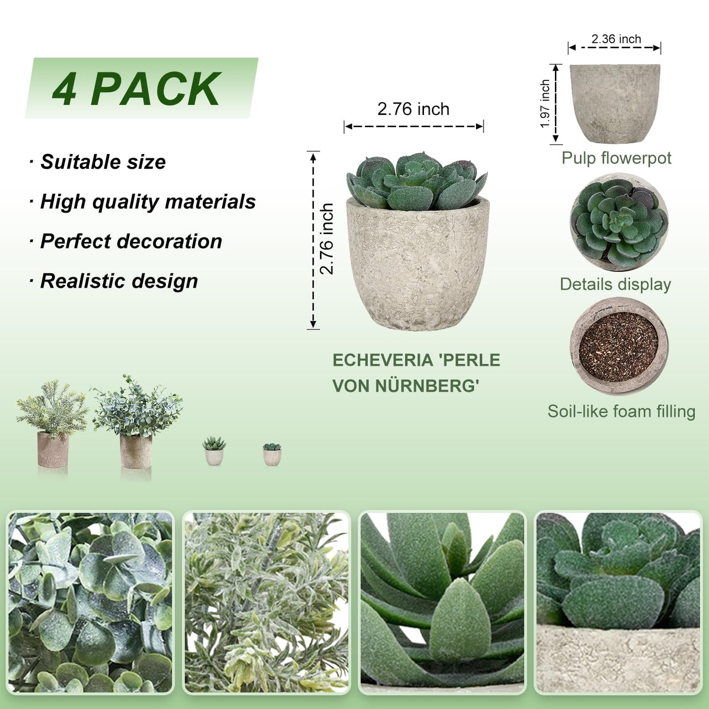 4 Pack Small Fake Plants in Pots, Artificial Eucalyptus Plants & Succulents, Mini Faux Plants for Desk Shelf Office Decor, Realistic Fake Potted Plants Indoor Home Decor