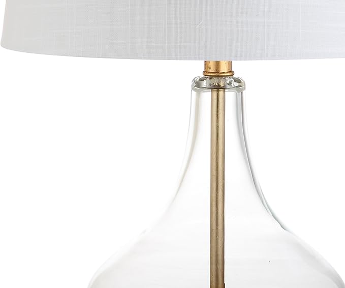 JONATHAN Y 24.5" Gold Painted Glass Table Lamp, Modern Glam Teardrop Nightstand Lamp with White Linen Drum Shade and Crystal Base, UL Listed, LED Bulb Included JYL5007A