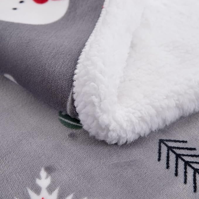 SOCHOW Christmas Holiday Sherpa Fleece Throw Blanket, Fuzzy Warm Super Soft Reversible Plush Blanket for Bed, Sofa and Couch, Snowman and Snowflake Pattern, 60 x 80 inches, Grey
