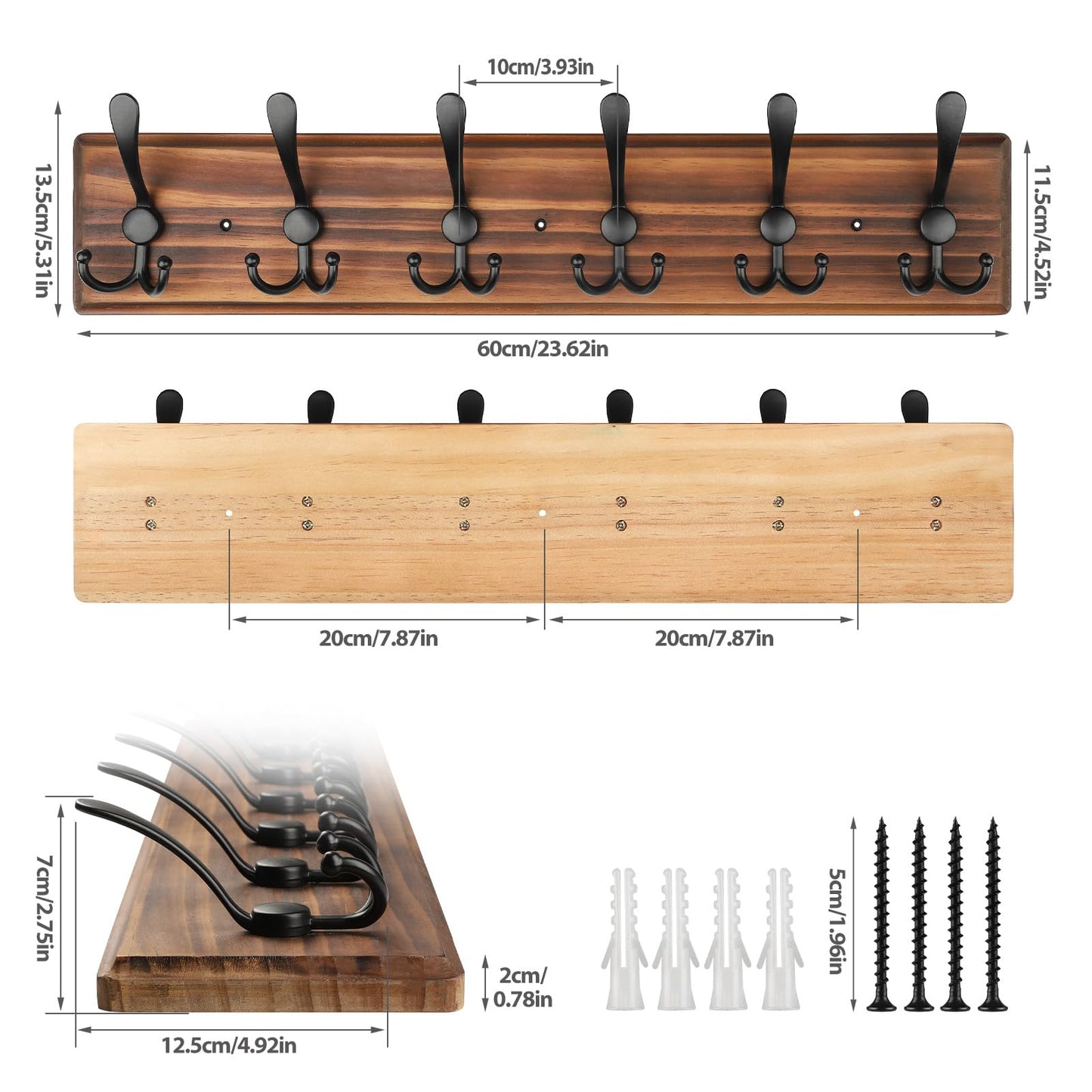 PHINGEER Coat Rack Wall Mount, Wooden Heavy Duty Coat Rack for Wall,6 Triple Coat Hanger Hooks for Hanging Coats,Jacket,Hat,Clothes (Brown, 6 Hooks)