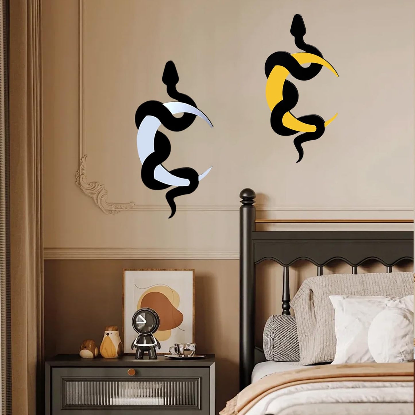 Rifyta Gothic Decor Witchy Decor Snake and Moon Mirror Goth Home Decorations Gothic Wall Art for Bathroom Bedroom Living Room Hallway（Gold and Silver）