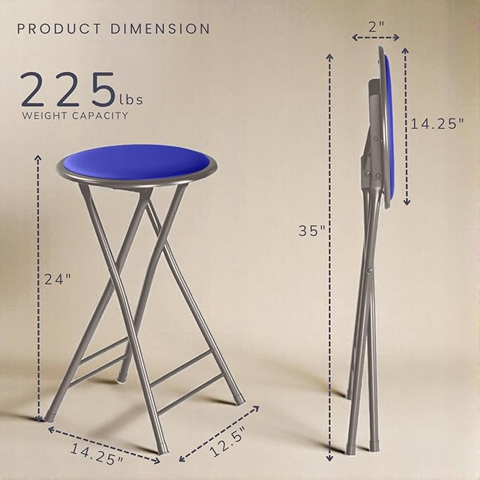 Lavish Home Folding Stool Set - Set of Two 24-Inch Padded Stools with 225lb Capacity for Kitchen, Dorm, or Rec Room - Portable Stools for Adults - Collapsible Sitting Stool Set for Seating (Blue)