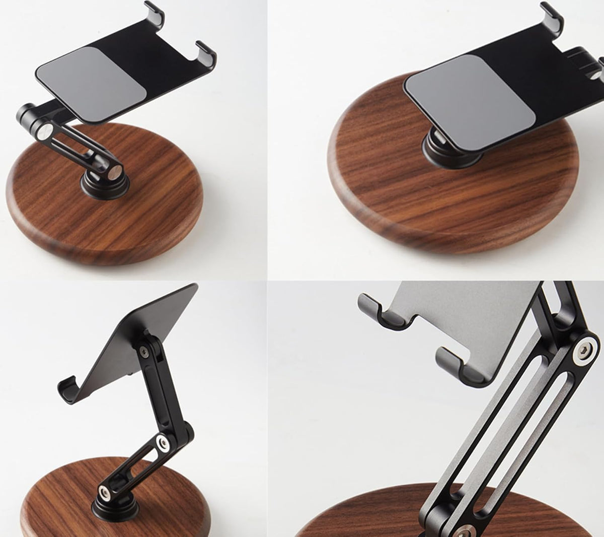 RENMTURE Phone Desk Stand, Adjustable Foldable Cell Phone Stand with 360° Rotation for iPhone 16 15 14 13 Pro ipad, Mobile Phones & Tablets Stable, Ergonomic Holder for Home Office, Walnut Wood Base