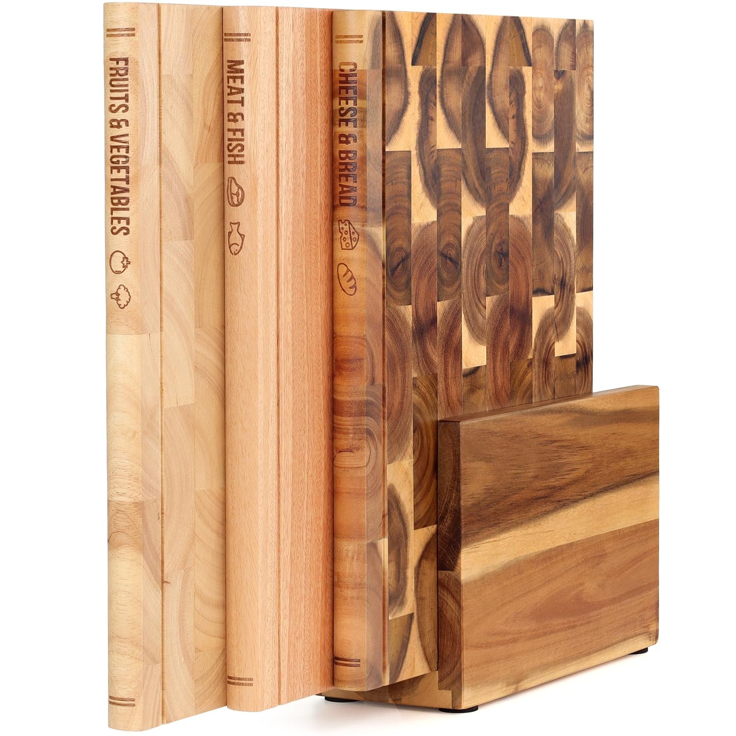 Book Cutting Board Set of 3 with Stand-The Cutting Board Library, Solid Wood Book-Shaped Boards for Serving & Display, Labeled Meat & Fish, Bread & Cheese, Fruits&Vegetables-Decorative Cutting Boards.