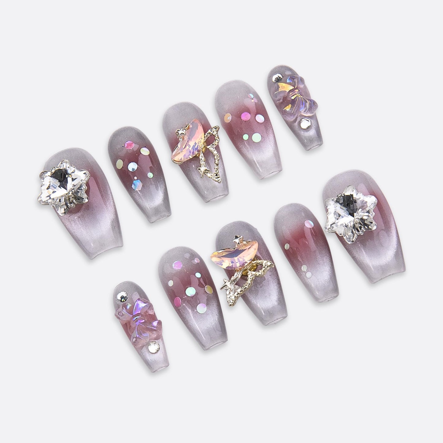 SIYOU Beauty | Magical Butterfly | Grey and Purple Butterfly Medium Coffin Press On Nails for Women (Small) - Reusable, Salon-Quality Fake Nails (10pc)