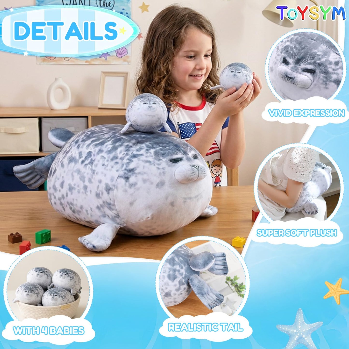 TOYSYM Chubby Blob Seal Pillow Cute Seal Plush with 4 Baby Plushies in Her Tummy, Soft Large Stuffed Animals Toy Gifts for Kids (20inch)
