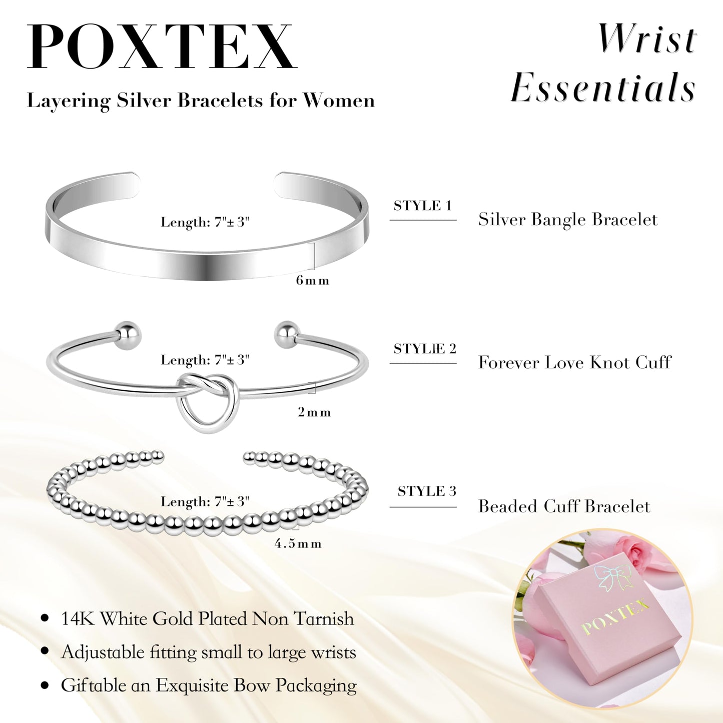 Poxtex Silver Cuff Bracelets Set for Women, Silver Bangle Link Chain Bracelets, Trendy Stackable Waterproof Jewelry Gifts Adjustable