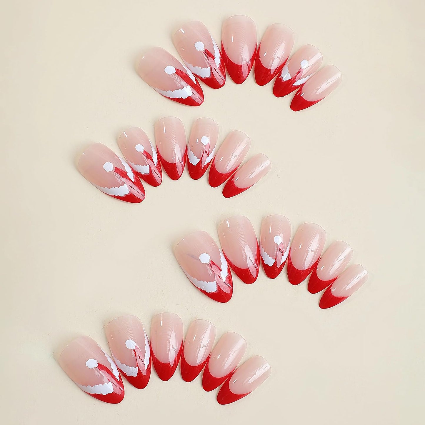 MISUD Almond, Stiletto False Nails 24pcs - Red French Tip, Christmas Hat Design, ABS Material, Press On Nails, Artificial Nails