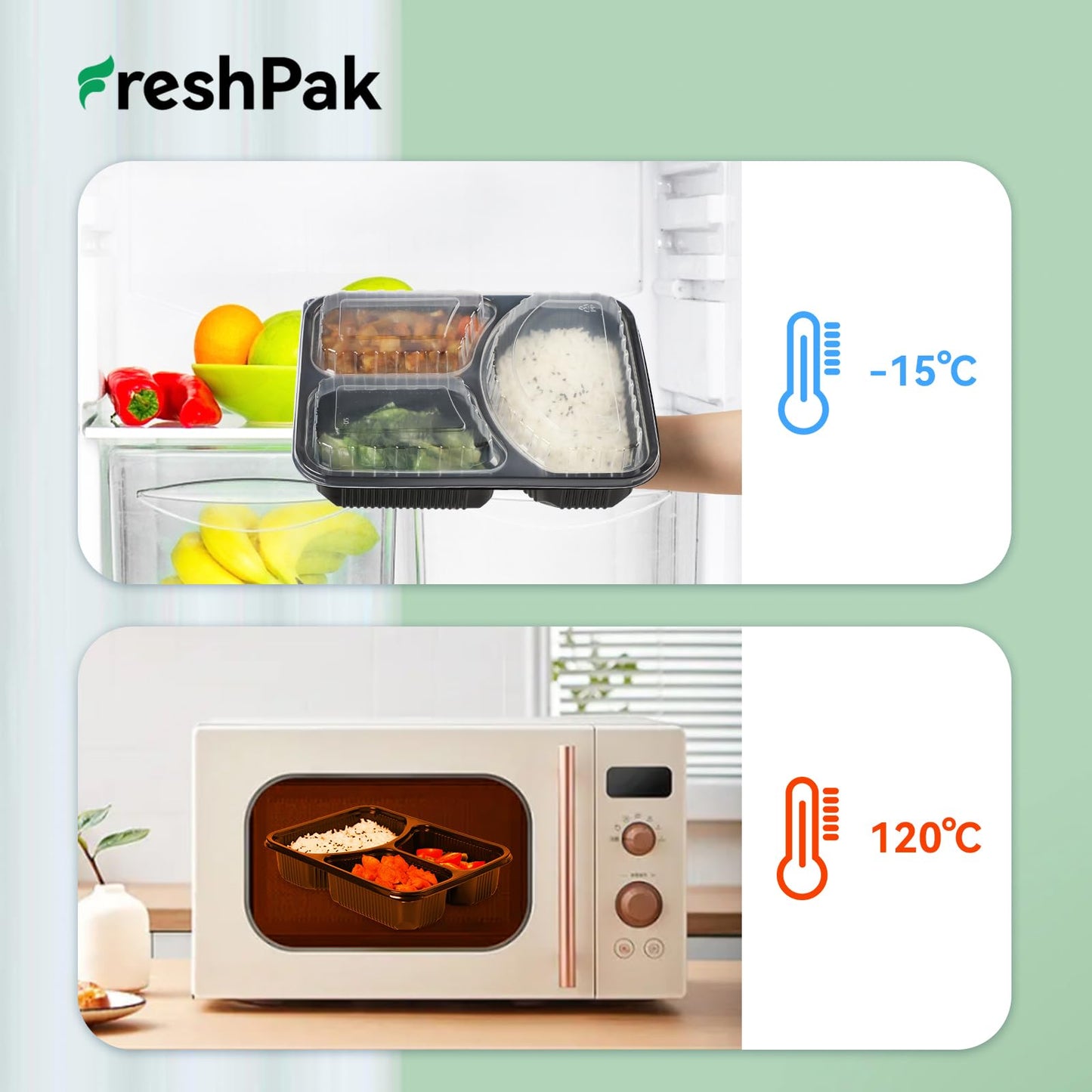 FRESHPAK Food Containers Reusable 40 Pack 38oz - Shrink Wrap Leakproof | Portion Control Leftover Plastic Container with Lid | BPA Free Freezer & Microwave Safe Meal Prep | 3 Compartment Takeout Boxes