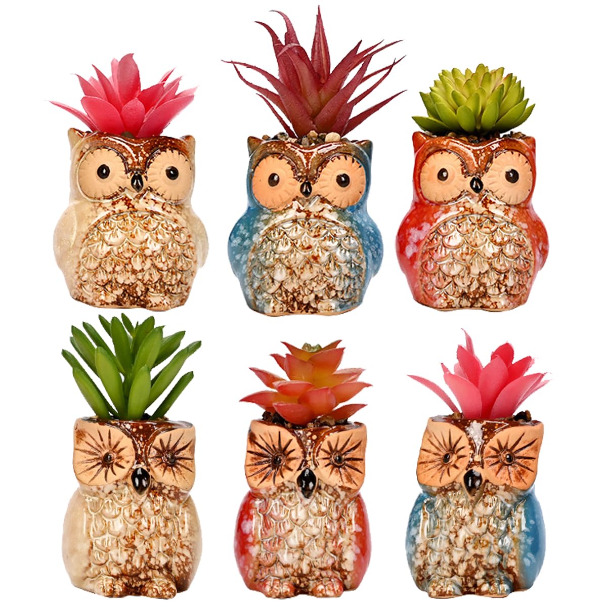 ROSE CREATE 6 Pcs Mini 2.5 Inches Colorful Owl Pots, Little Ceramic Succulent Owl Planters with Drainage Holes