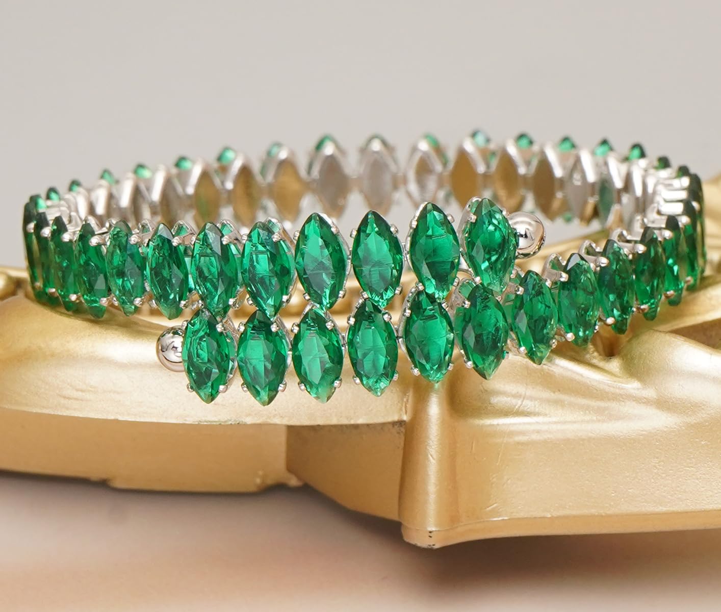 Wovanoo Rhinestone Cuff Bracelet Cubic Zirconia Tennis Bracelets Open Adjustable Elastic Bangle for Women Silver Green
