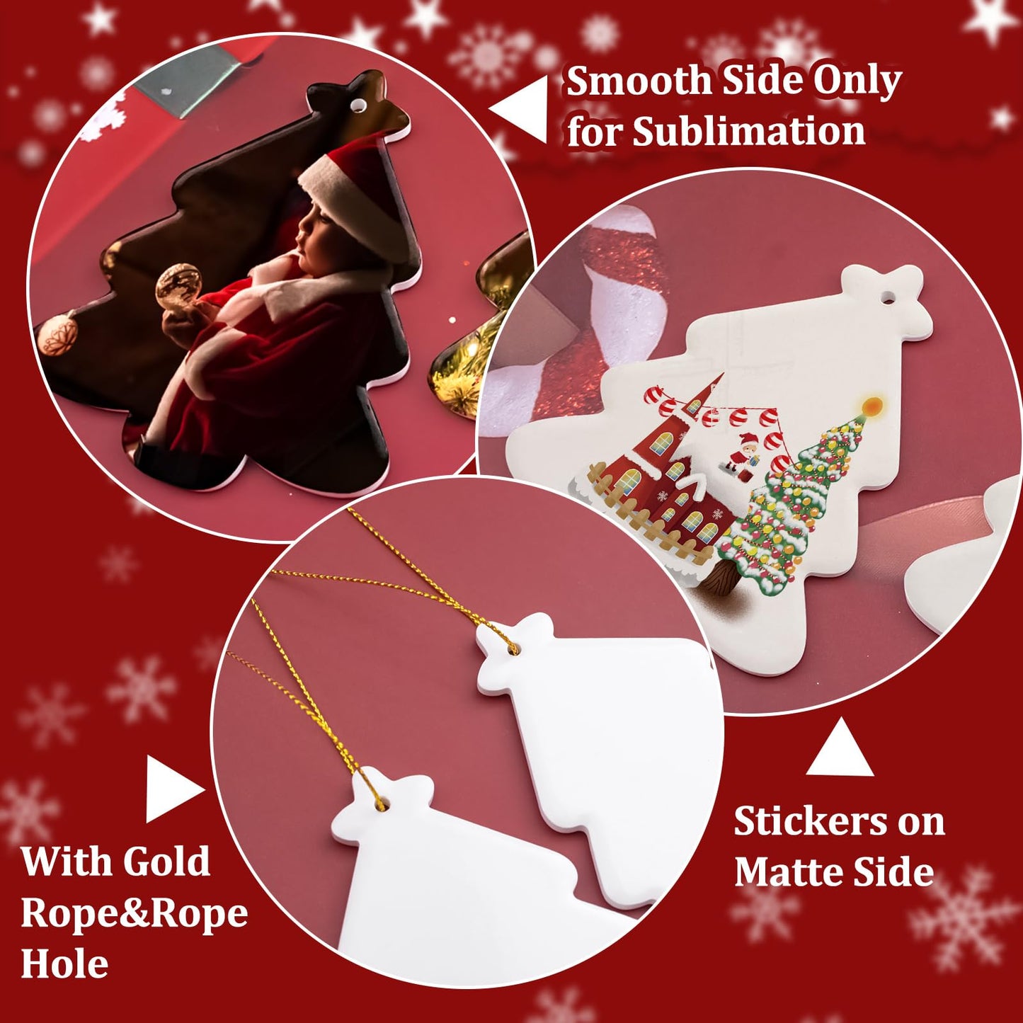 WANDIC Sublimation Ceramic Ornaments Blank, 12Pcs Christmas Tree Shaped Personalized Decoration Bulk White Ceramic Tile with Gold String for Crafting