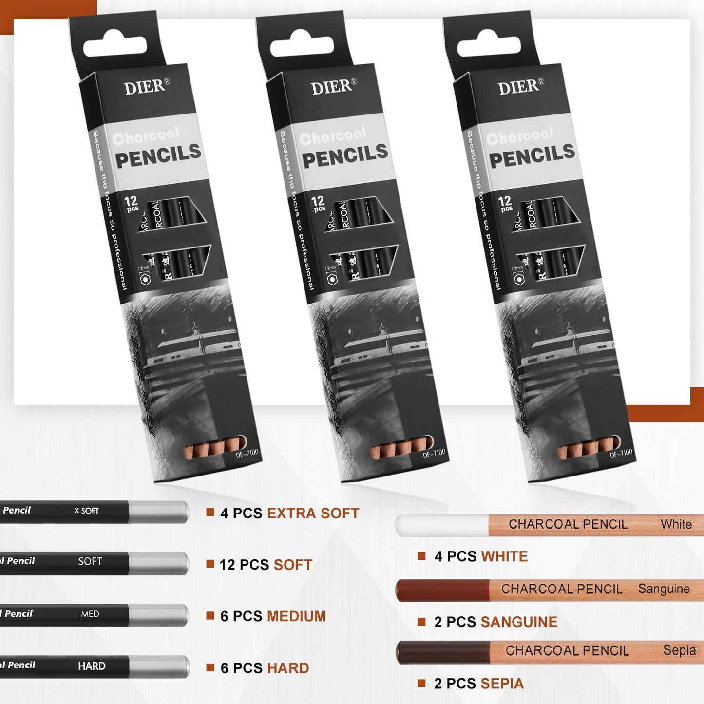 Geyoga 36 Pcs Charcoal Drawing Set Black White Brown Charcoal Pencils for Sketching, Shading, Blending, Portrait, for Beginners & Artists