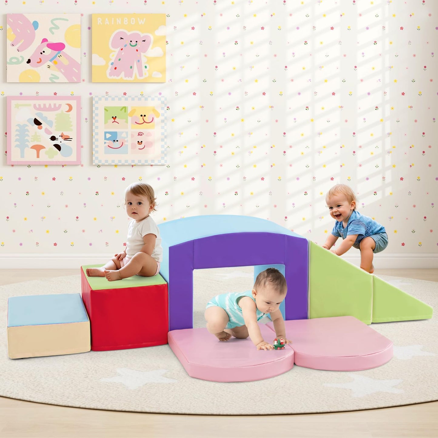 Olakids Climbing Toys for Toddlers, 7 Pieces Indoor Baby Foam Blocks Soft Play Set with PU Leather, Kids Climb and Crawl Sliding Activity Structure Gym Playground Climber