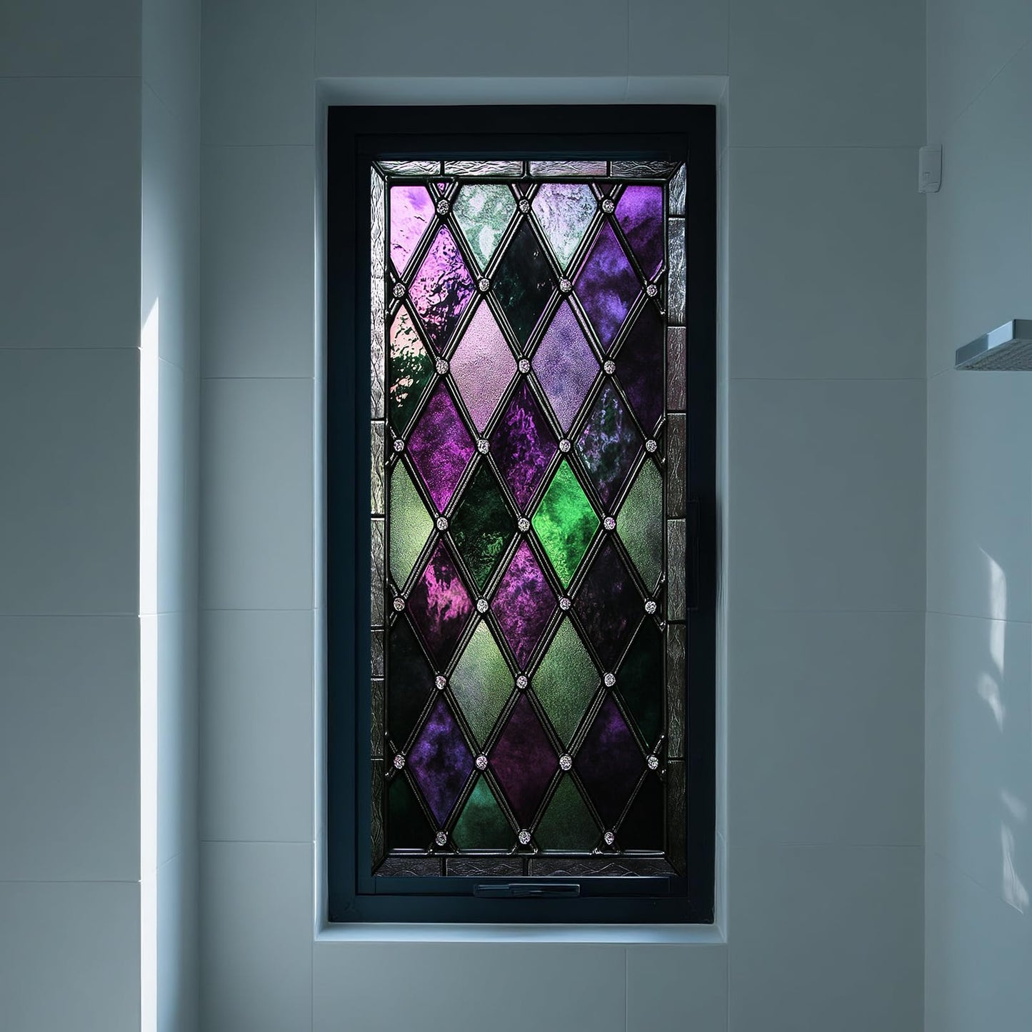 IVN Privacy Window Film Stained Glass Window Cling Purple and Green Diamond Design Decorative Static Cling Window Sticker for Bathroom Kitchen Entry Door 17.7 x 39.3 Inch