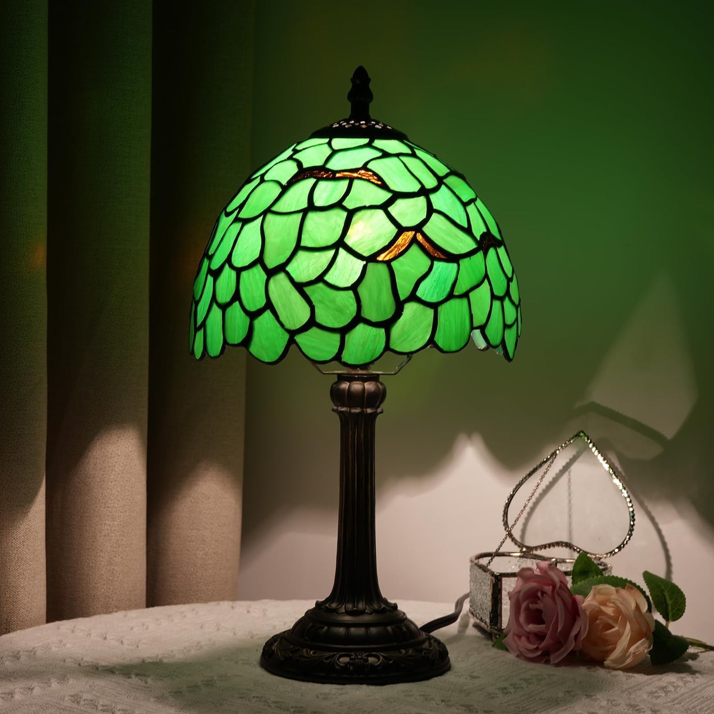 wecrejoni Tiffany Lamp Stained Glass Table Lamp 8X8X14 Inches Desk Reading Light Decor Beside Bedroom Living Room Home (H-1056- Green Leaf)