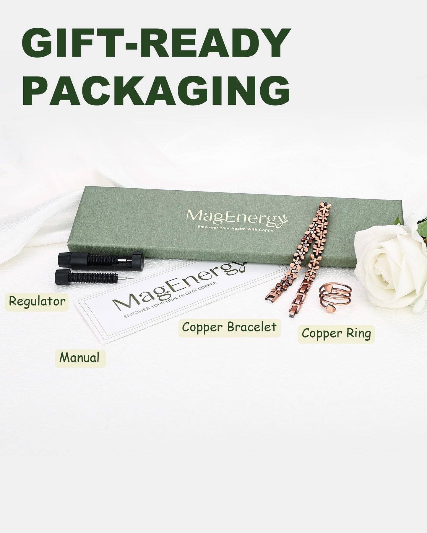 MagEnergy Copper Bracelet for Women, 99.99% Pure Solid Copper Bracelet with 3500 Gauss Magnetic, Adjustable, Jewelry Gift (Copper-Butterfly+Ring/B)