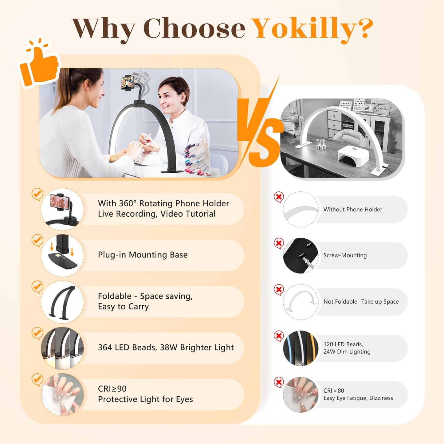 Yokilly Half Moon Light for Nail Desk: 29" Foldable Half Moon Nail Desk Lamp with Phone Holder for Beginner - Arch Tech Light with 3 Color Modes & 10 Brightness for Manicure Salon (Black, Large)
